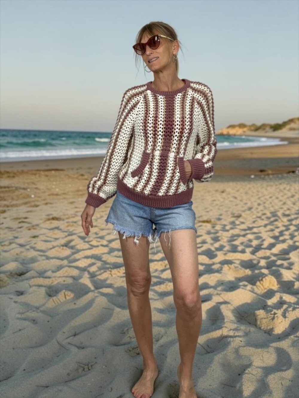 Free People FP Beach Dayton Striped Pullover Sweater S Brown Crochet Bohemian
